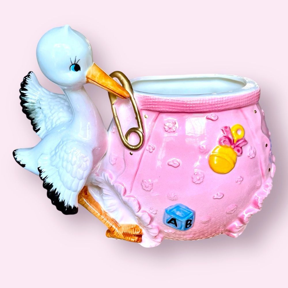 Lefton Stork Planter Pink Baby Bloomers 1960s